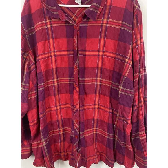 Cataherines Shirt Womens 3X Plus Button Down Plaid Red Metallic Cottagecore - Picture 2 of 7